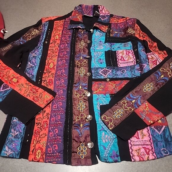 Chicos Womens Patchwork Embroidered Button-Up Jacket Size 0 Colorful Rayon Blend - Picture 1 of 12